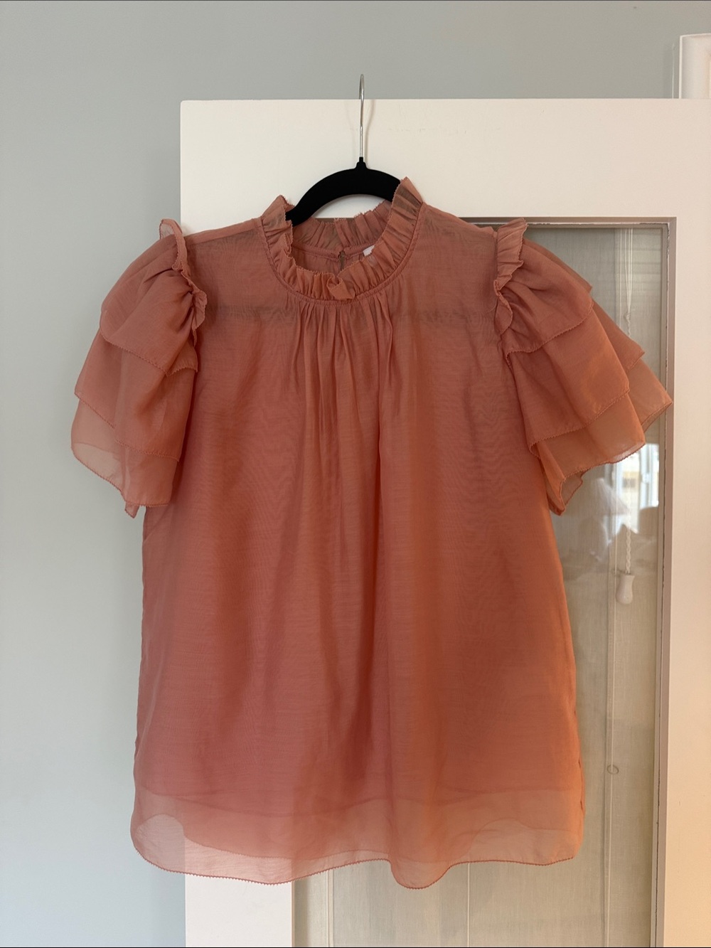 HUNTER BELL Sheer Ruffle-Neck Flutter Sleeve Blouse - Dusty Rose